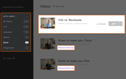 BombBomb, new feature, video label, emails label, auto label