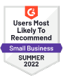 G2 Small Business Users Most Likely to Reccomend Summer 2022