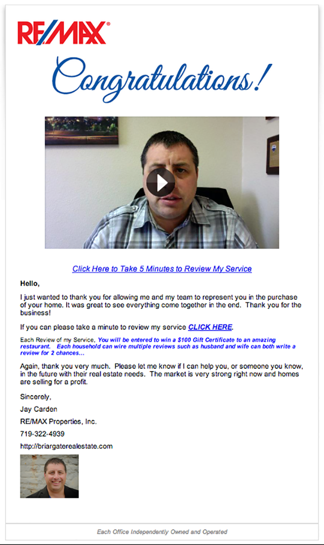 BombBomb, video email, real estate, example, marketing, video, Jay Carden, RE/MAX, online review, online reviews, request