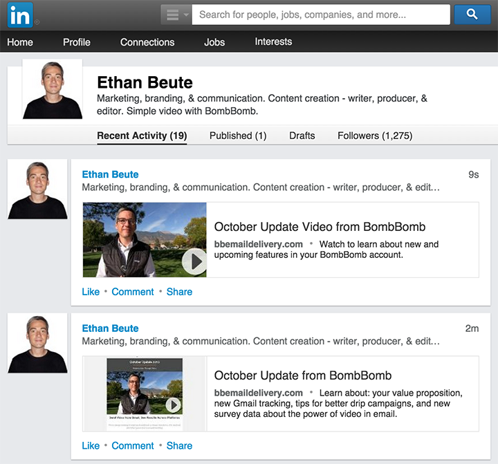 LinkedIn, social sharing, social selling, LinkedIn video, video email, BombBomb