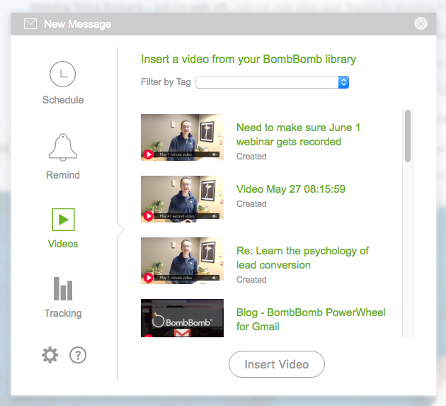 BombBomb video, Gmail video, video email, sending video, selecting video, choosing video, video message