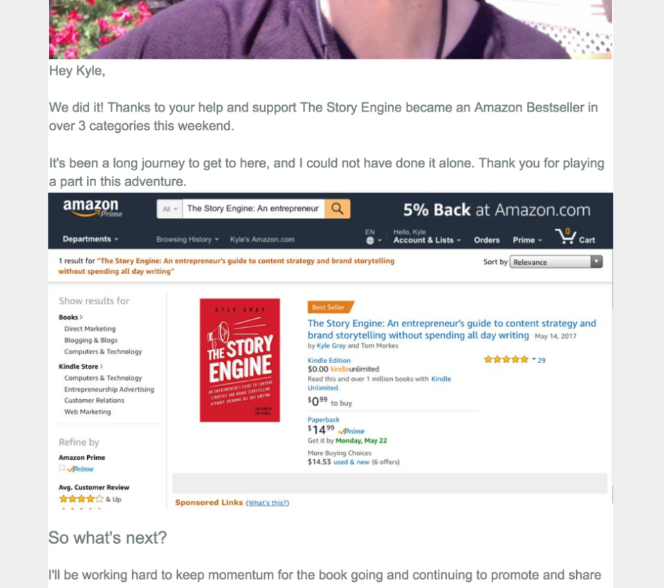 book launch, video email, Amazon, The Story Engine, BombBomb
