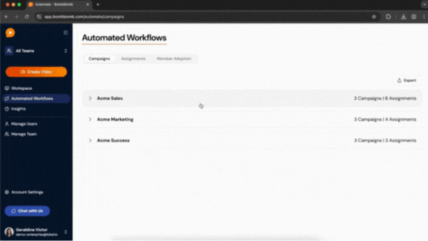 Gif of adding an assigned video for team in automated workflows.