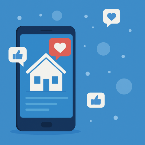 Illustration of a mobile phone with a home in it surrounded by like bubbles