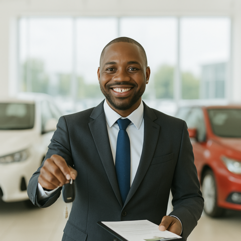 Image of a man holding out a pair of keys to a new car at a dealership