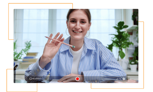 Smiling lady waving with pencil at video camera