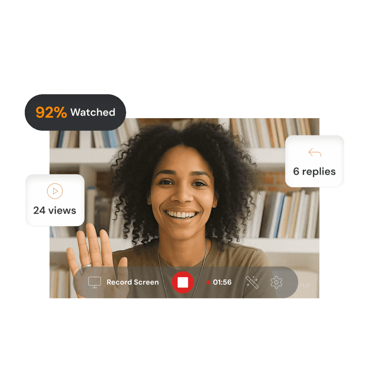 Woman smiling and waving behind BombBomb UI